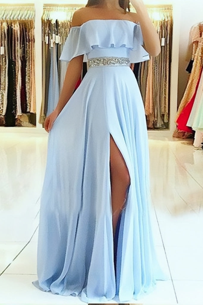 Off the Shoulder Side Slit Flowy Prom Dresses with Beading Waist