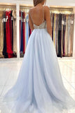 Spaghetti Straps V-Neck Tulle Long Prom Dress With Beads PD0678
