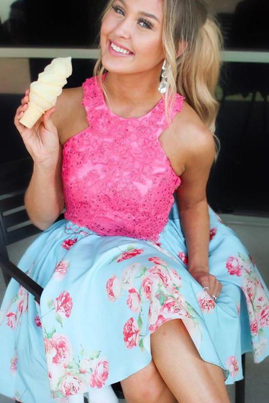 Light Blue Short Homecoming Dress with Hot Pink Lace Top, Knee Length Prom Gown N1809