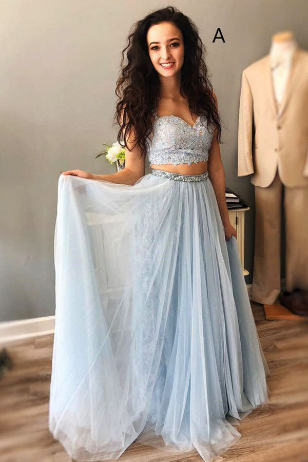 Light Blue Straps Mismatched Lace Tulle Prom Dresses, Floor Length Evening Dress with Beads N1262