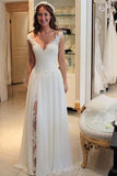 A Line Ivory V-Neck Chiffon Sleeveless Side Slite Lace Flowy Wedding Dresses