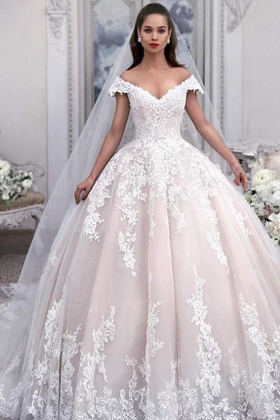 Pink off the shoulder wedding dress online