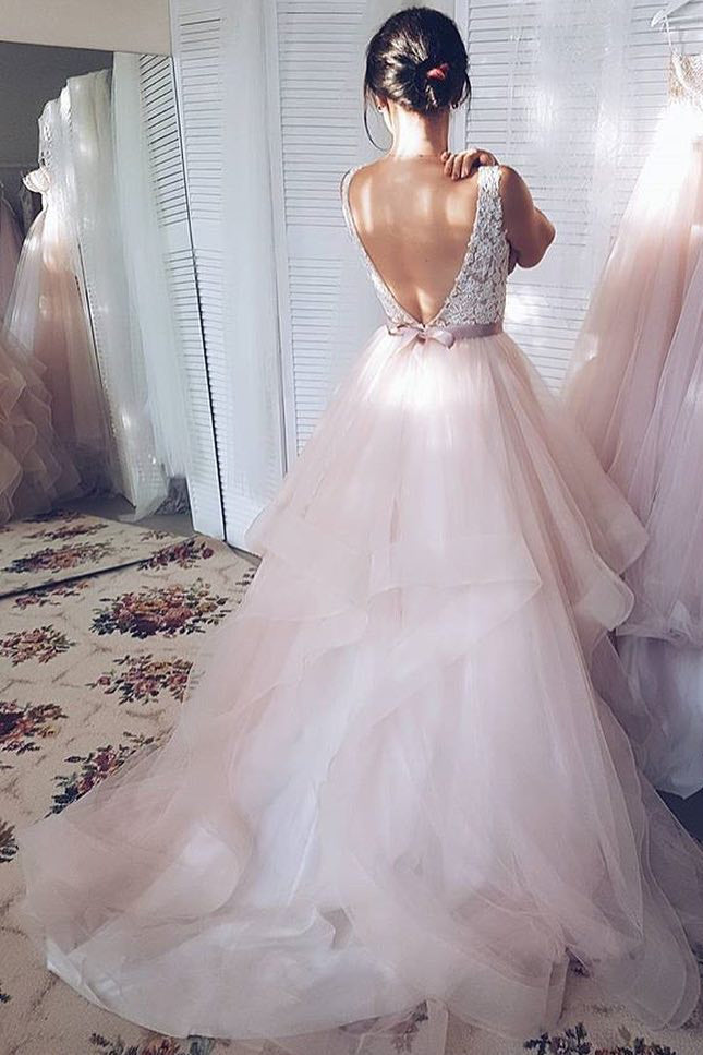 Light Pink V-Neck Sleeveless Sweep Train Lace Tulle Wedding Dresses with Sash N597