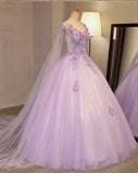 Puffy  Lilac Tulle Flower Appliqued Quinceanera Dresses