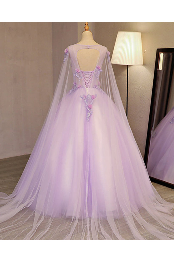 Puffy  Lilac Tulle Flower Appliqued Quinceanera Dresses