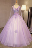 Unique Lilac Tulle Long Ball Gown Evening Dress with Flowers, Puffy Quinceanera Dresses N1461