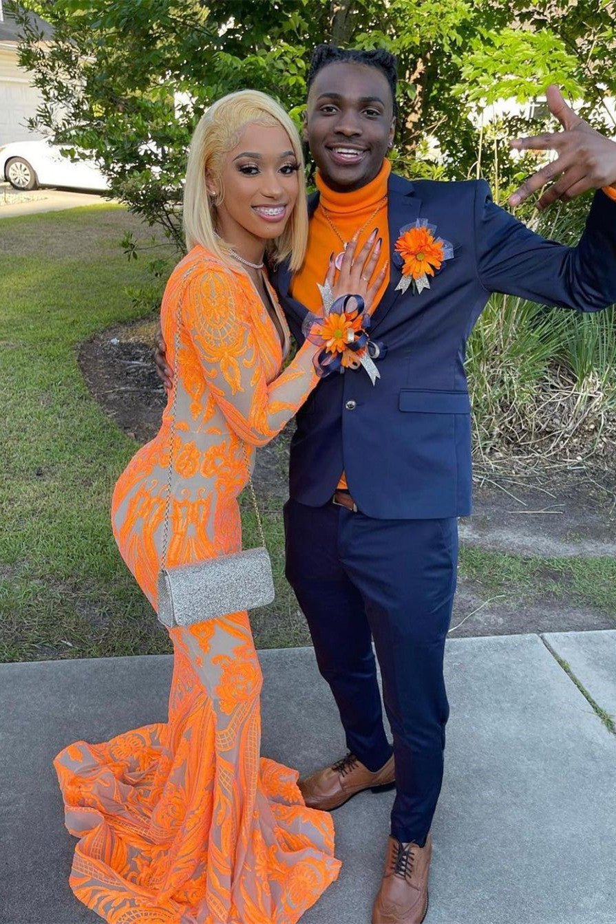 V-Neck Fashion Party Dresses Long Sleeves Orange Mermaid Prom Dresses PD0567