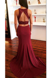 Burgundy Two Piece Open Back Prom Dresses with Lace Sweep Train Evening Dresses N774