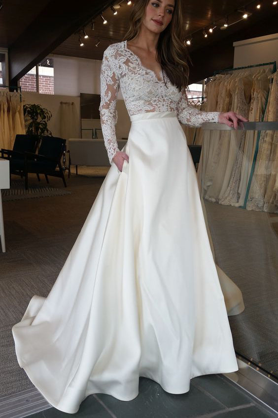 Elegant Ivory Long Sleeves Sweep Train Satin Long Wedding Dresses with Top Lace N517