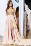 Long Sleeve See Through V Neck Prom Dresses, Elegant Split Evening Dresses N1494