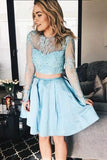 Two Piece Long Sleeve Light Sky Blue Homecoming Dresses Cute Beaded Short Prom Dresses N1867