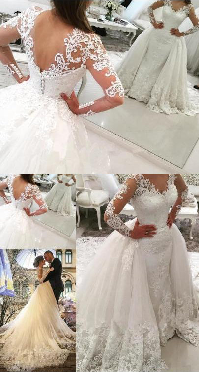 Gorgeous Ivory V-Neck Long Sleeves Appliques Wedding Dresses N618