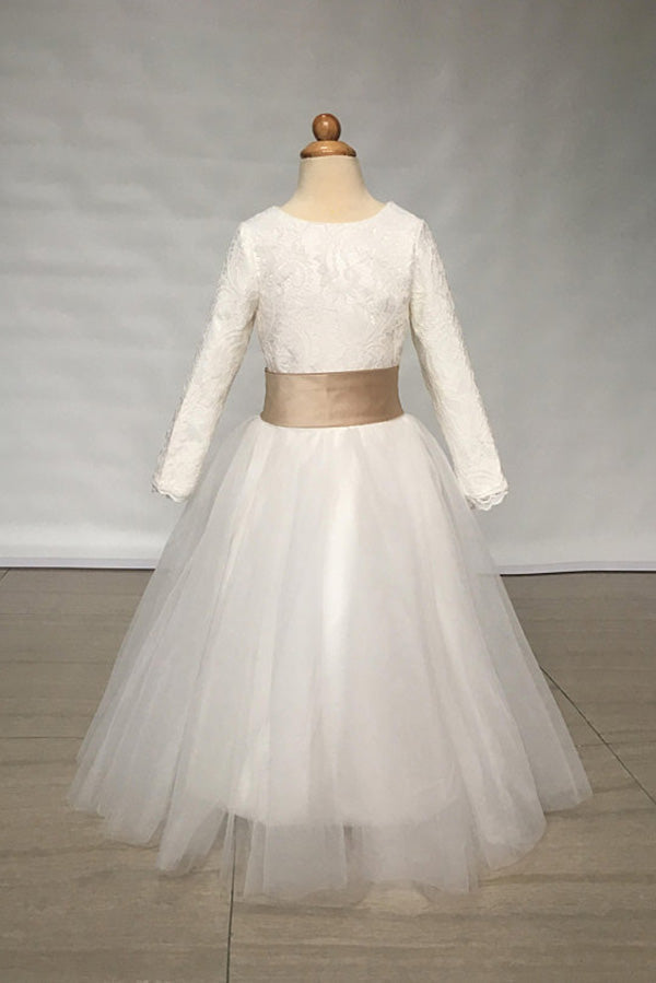 New Style A Line Long Sleeves Ivory Lace Top Tulle Flower Girl Dress with Band