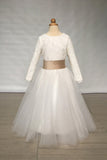 New Style A Line Long Sleeves Ivory Lace Top Tulle Flower Girl Dress with Band