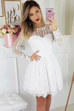 A Line Round Neck Long Sleeves White Lace Short Homecoming Party Dresses Short Dresses N1906