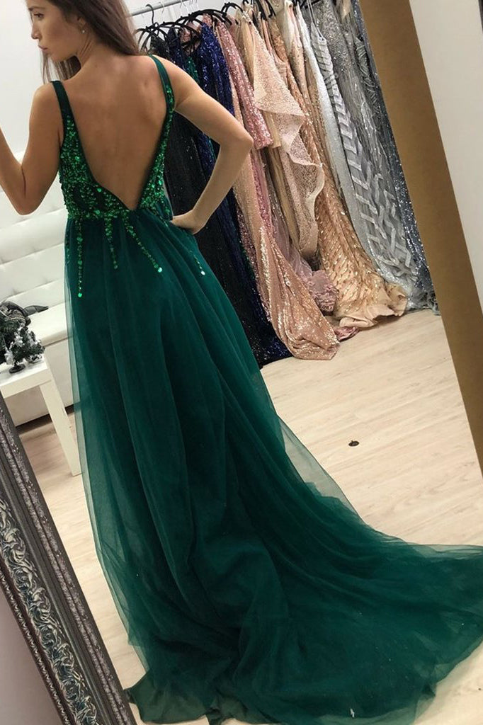 Luxurious V-Neck Dark Green Tulle Long Prom Dresses with Side Slit