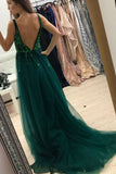 Luxurious V-Neck Dark Green Tulle Long Prom Dresses with Side Slit