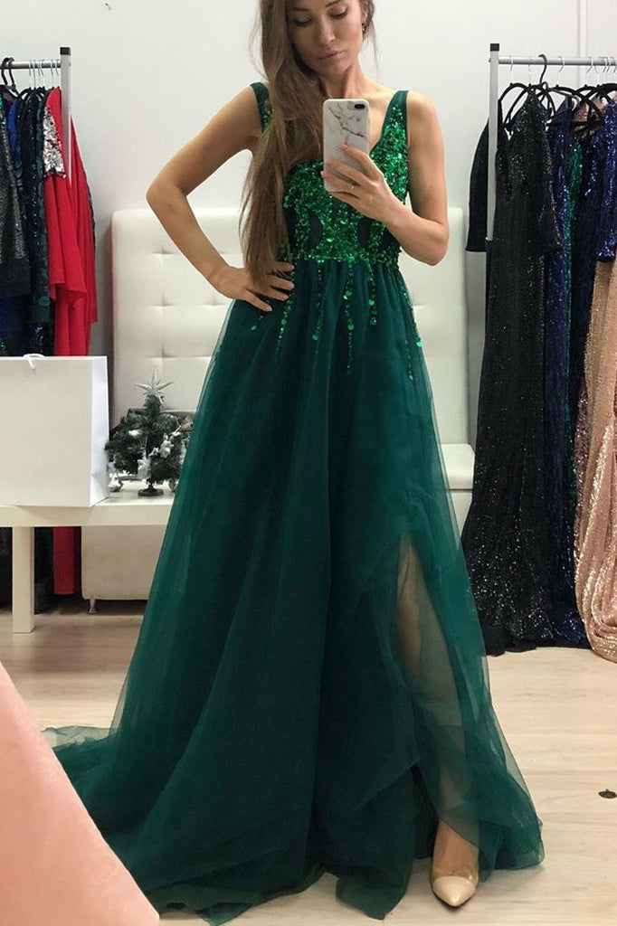 Dark Green Sparkly Prom Dress with Side Slit, A Line V Neck Tulle Long Party Dress N1483