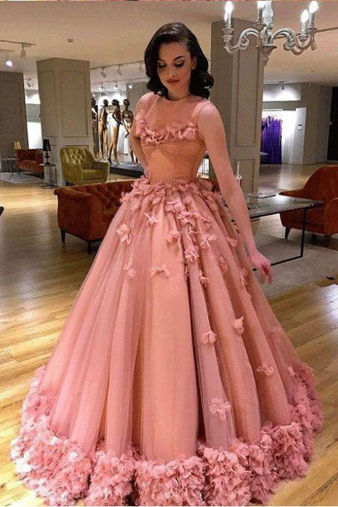 Luxury Tulle Sleeveless Ball Gown Prom Dress with Flowers, Princess Wedding Dresses N1832