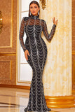 High Neck Long Sleeve Sparkly Evening Gown Islamic Sequins Prom Dresses