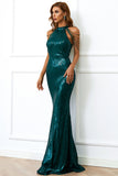 Halter Mermaid Sequins Party Gowns with Tassel Floor Length Evening Dresses