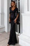 Mermaid V-Neck Evening Dresses Split Sleeve Sequin Floor Length Prom Dresses