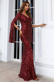 Mermaid V-Neck Evening Dresses Split Sleeve Sequin Floor Length Prom Dresses