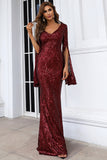 Mermaid V-Neck Evening Dresses Split Sleeve Sequin Floor Length Prom Dresses