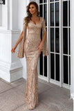 Mermaid V-Neck Evening Dresses Split Sleeve Sequin Floor Length Prom Dresses