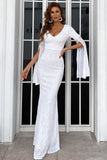 Mermaid V-Neck Evening Dresses Split Sleeve Sequin Floor Length Prom Dresses