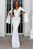 Mermaid V-Neck Evening Dresses Split Sleeve Sequin Floor Length Prom Dresses