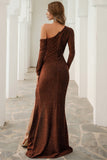 Sheath Asymmetrical Long Sleeve Party Dresses High Split Long Evening Dresses