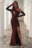 Sheath Asymmetrical Long Sleeve Party Dresses High Split Long Evening Dresses