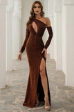 Sheath Asymmetrical Long Sleeve Party Dresses High Split Long Evening Dresses