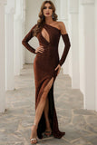 Sheath Asymmetrical Long Sleeve Party Dresses High Split Long Evening Dresses