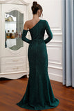 Sheath Asymmetrical Long Sleeve Party Dresses High Split Long Evening Dresses