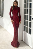 High Neck Sequin Prom Dresses Long Sleeve Trumpet Evening Party Dresses