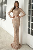 High Neck Sequin Prom Dresses Long Sleeve Trumpet Evening Party Dresses