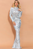 High Neck Sequin Prom Dresses Long Sleeve Trumpet Evening Party Dresses