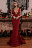 Mermaid Deep V-Neck Prom Dress Sleeveless Wine Sweep Train Evening Dress