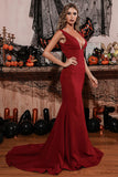 Mermaid Deep V-Neck Prom Dress Sleeveless Wine Sweep Train Evening Dress