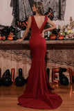 Mermaid Deep V-Neck Prom Dress Sleeveless Wine Sweep Train Evening Dress