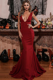 Mermaid Deep V-Neck Prom Dress Sleeveless Wine Sweep Train Evening Dress