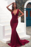 Mermaid Deep V-Neck Prom Dress Sleeveless Wine Sweep Train Evening Dress