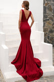 Mermaid Deep V-Neck Prom Dress Sleeveless Wine Sweep Train Evening Dress