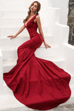 Mermaid Deep V-Neck Prom Dress Sleeveless Wine Sweep Train Evening Dress