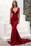 Mermaid Deep V-Neck Prom Dress Sleeveless Wine Sweep Train Evening Dress