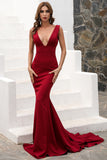 Mermaid Deep V-Neck Prom Dress Sleeveless Wine Sweep Train Evening Dress