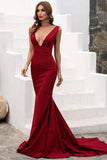 Mermaid Deep V-Neck Prom Dress Sleeveless Wine Sweep Train Evening Dress