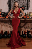 Mermaid Deep V-Neck Prom Dress Sleeveless Wine Sweep Train Evening Dress